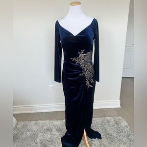 Lipsy Navy Velvet Dress with Gold Detailing